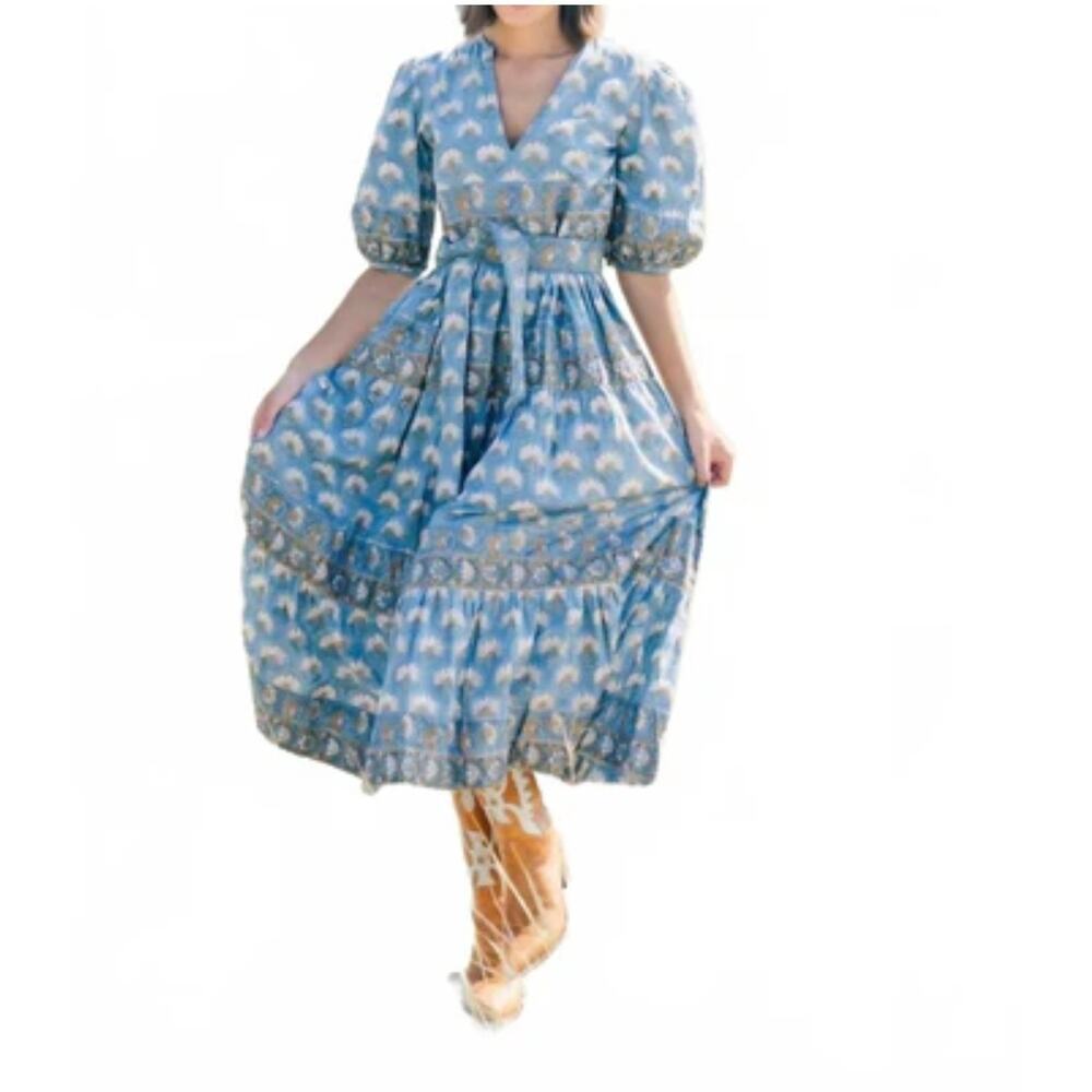 Victoria Dunn Bermuda Blossom Blue Green Floral Cotton Midi Dress Large